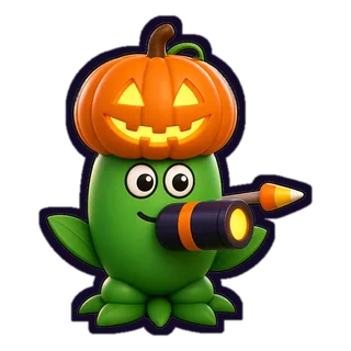 Jack-o'-Zooka: a green bean pod wearing a carved pumpkin helmet