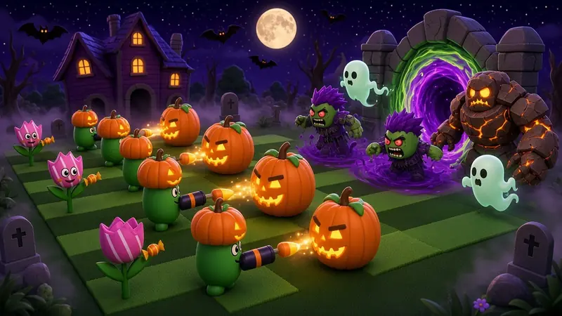 Night lane battle: plants defend against Zombie Weedlings, a Mulch Golem and Whizzwisps