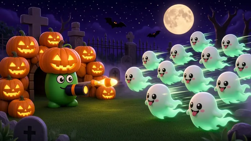 Whizzwisp ghost swarm against a Jack-o'-Zooka and Gourd-o'-Lanterns